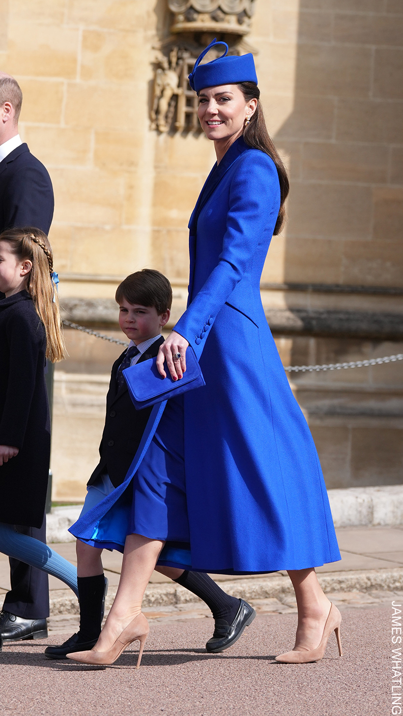 Kate Middleton wearing a cobalt blue coat dress, with hat and bag in the same shade.