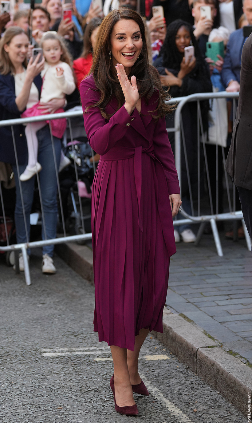 Kate Middleton wearing the merlot purple Karen Millen trench dress in Birmingham