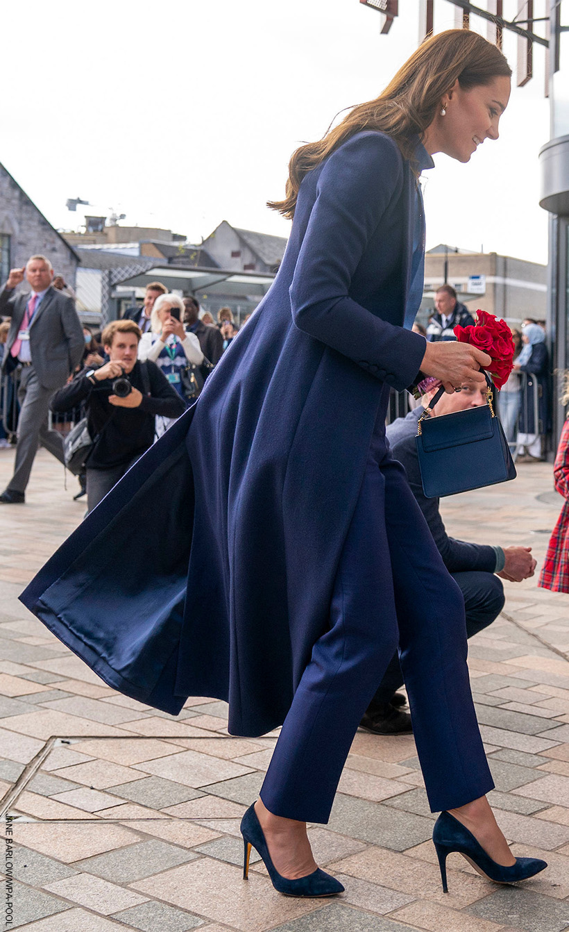 Kate Middleton wearing blue top-to-toe. She looks chic in her Rupert Sanderson heels.  We estimate the British designer is her 6th favourite brand. 