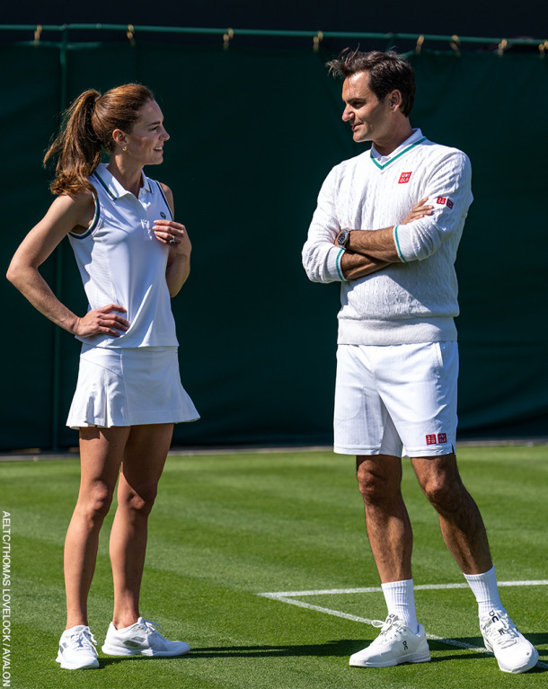 Kate Middleton with Roger Federer at Wimbledon in new promo video, the pair are stood chatting in their tennis gear