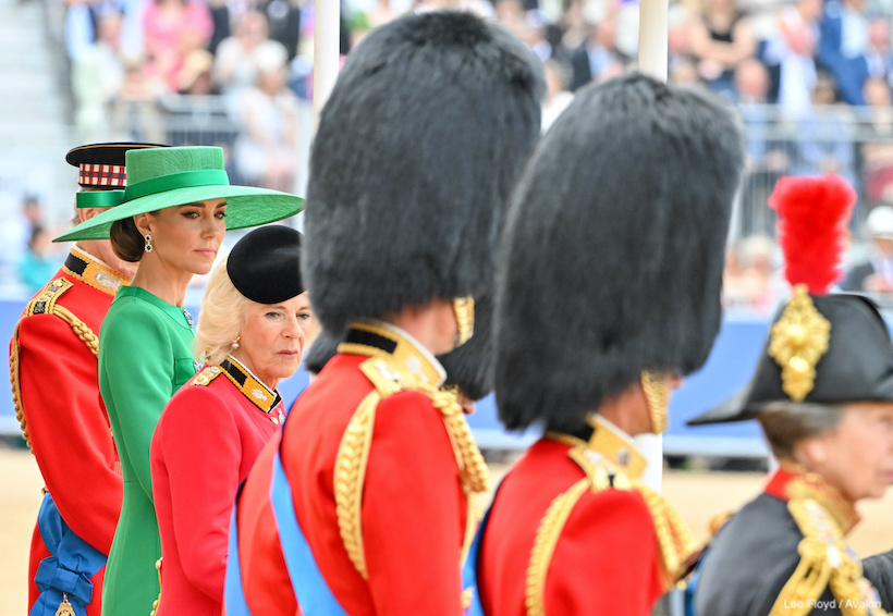 HM King Charles III with HM Queen and Princess of Wales looking on during the King's Birthday Parade, Trooping the Colour at Horse Guards Parade, London.