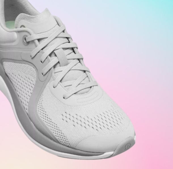 Lululemon Chargefeel Sneakers in White On A Pink-Blue-Yellow gradient background