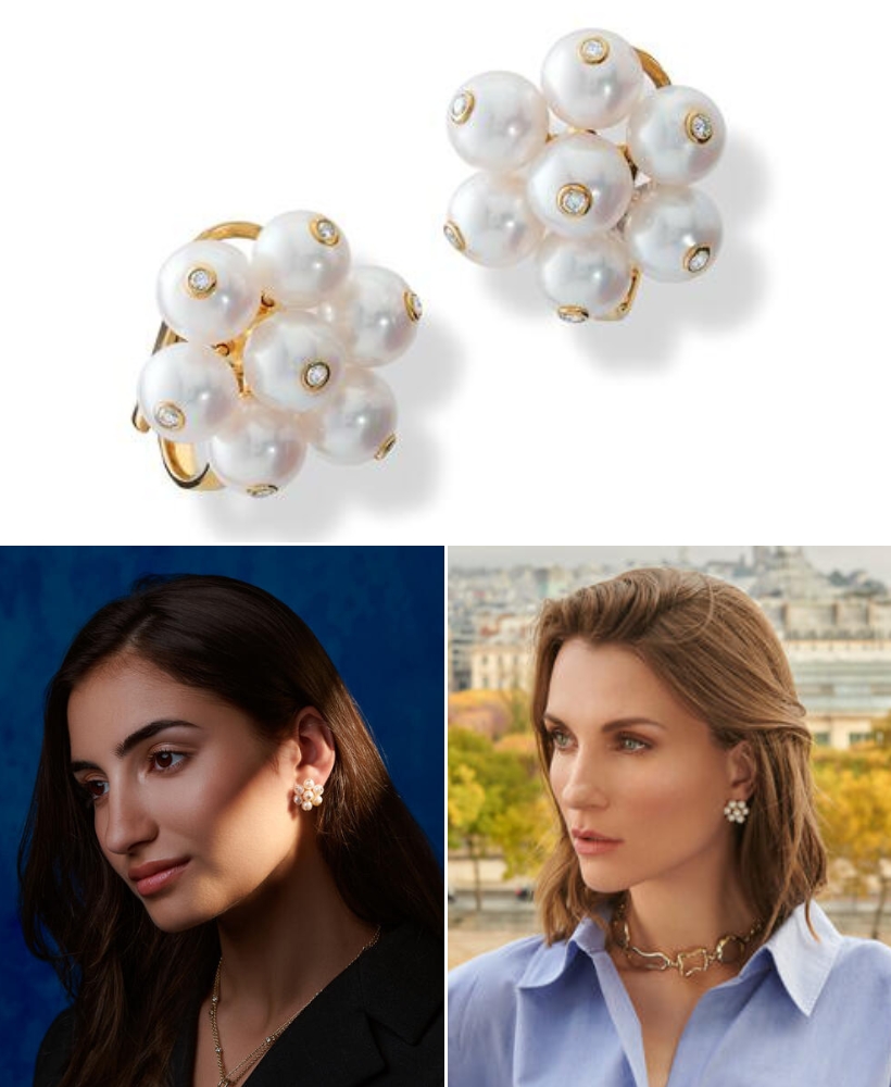 A large product shot of the Cassandra Goad Cavolfiore earrings, showing the statement pearl clusters. 
 Plus, two smaller images of models wearing the earrings. 