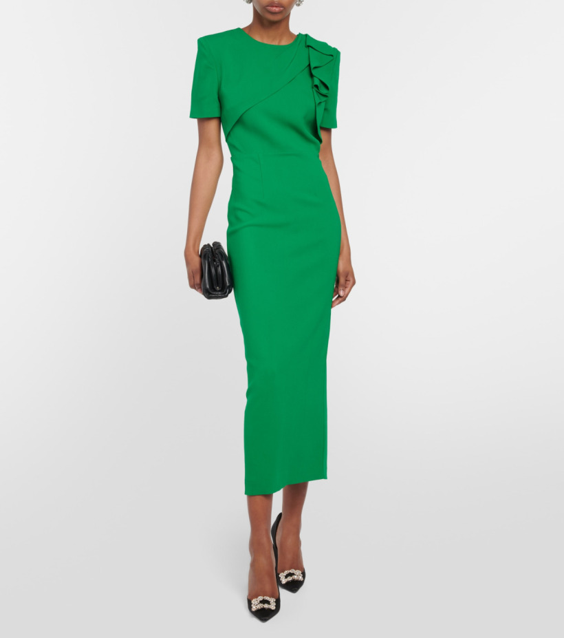 the green Roland Mouret dress on the model