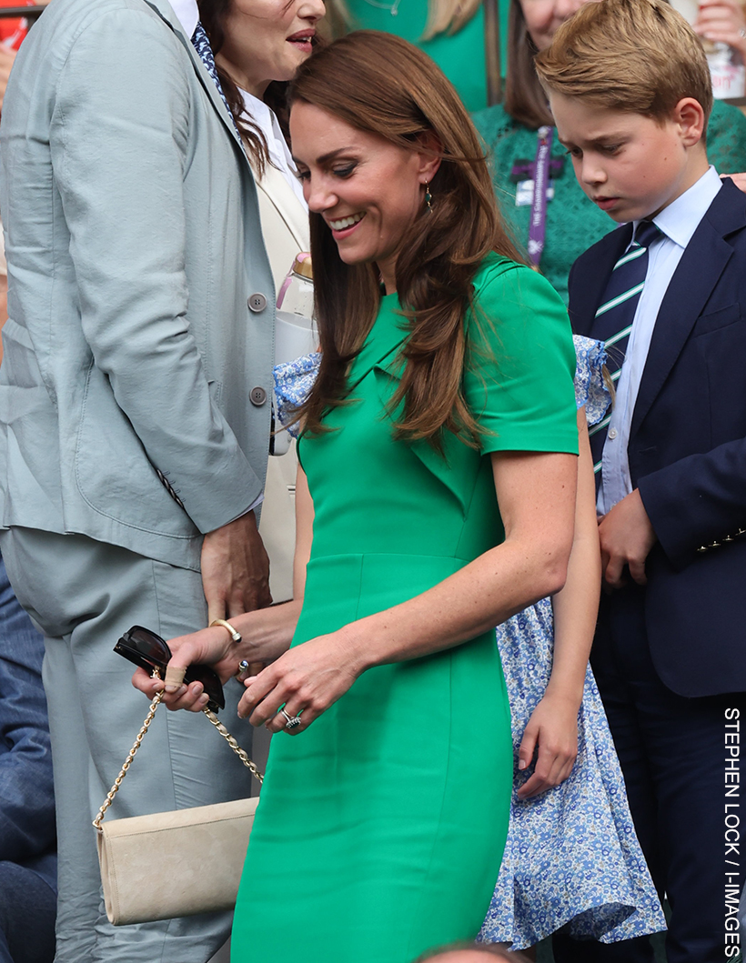 Kate and George, Kate golding her Emmy London Natasha clutch in a neutral colour