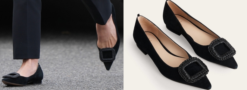 Black pointed ballet flats with square buckle