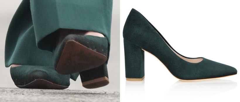 A side-by-side comparison of Kate's green block heeled shoes, and the stock image from Emmy London.