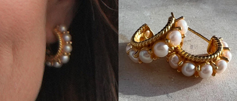 A look at the Shyla London gold pearl earrings in Kate’s ear, and in a stock image on the company’s website.  The earrings feature pearls set in gold. 