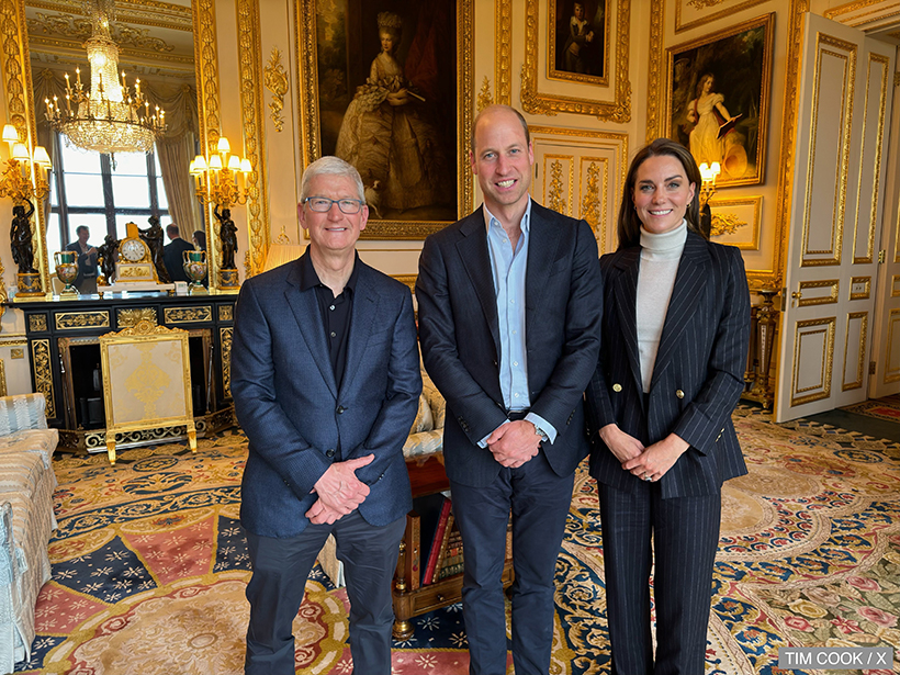 Princess of Wales, Prince of Wales and Tim Cook stood chatting 