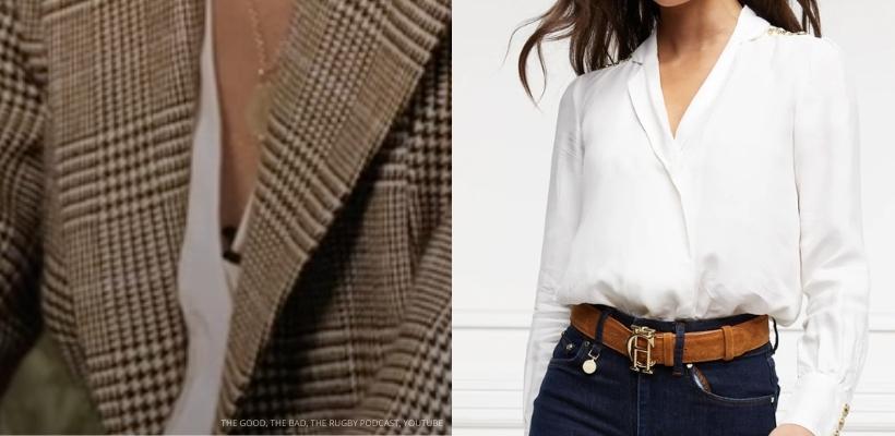 A close up showing Kate Middleton's v-neck blouse, next to the Holland Cooper blouse.