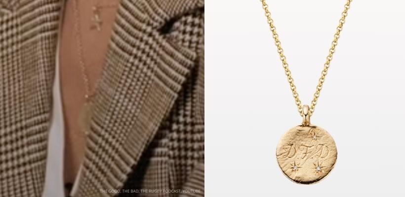 A close up of Kate's pennant necklace, side by side with the  Gold Daniella Draper pendant, featuring three diamonds and three initials alongside.