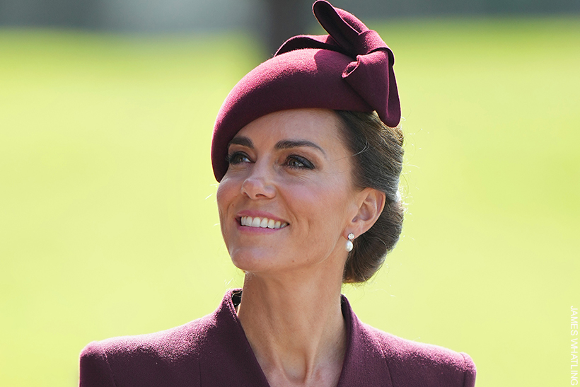 Kate Middleton wearing a burgundy hat by Sahar Millinery in St David's, Wales.