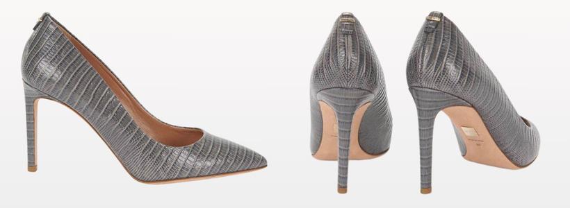 Image of the grey pointed heels from the side and back profiles.
