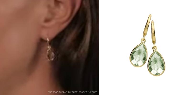 Close up of Kate's earrings alongside a stock photo from Kiki McDonough.  The gold earrings are pear shape and feature a green aquamarine stone.