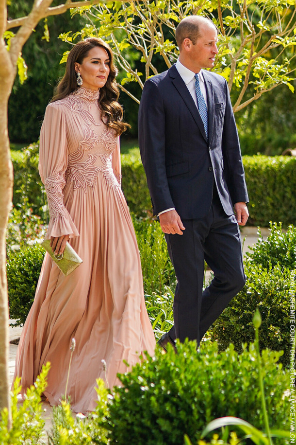The Princess of Wales wearing a blush pink Elie Saab gown with intricate detailing to the Jordan Royal Wedding