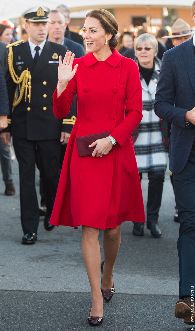 Kate Middleton looked immaculate in this red coat during a visit to Canada in autumn 2016.