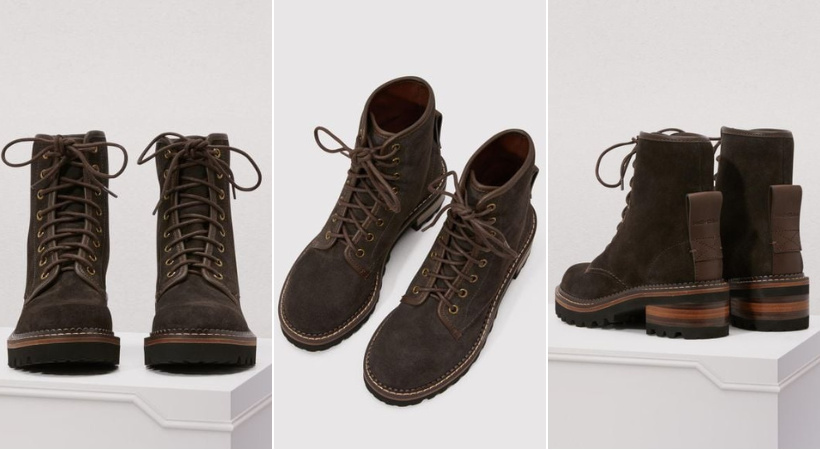 Stock images of the brown boots via 24s.com, showing the heel tab, laces and heels.
