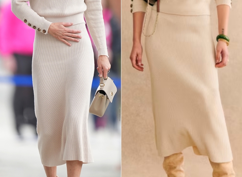 A look at Kate Middleton’s cream knitted skirt, side-by-side with the product image from Sézane.