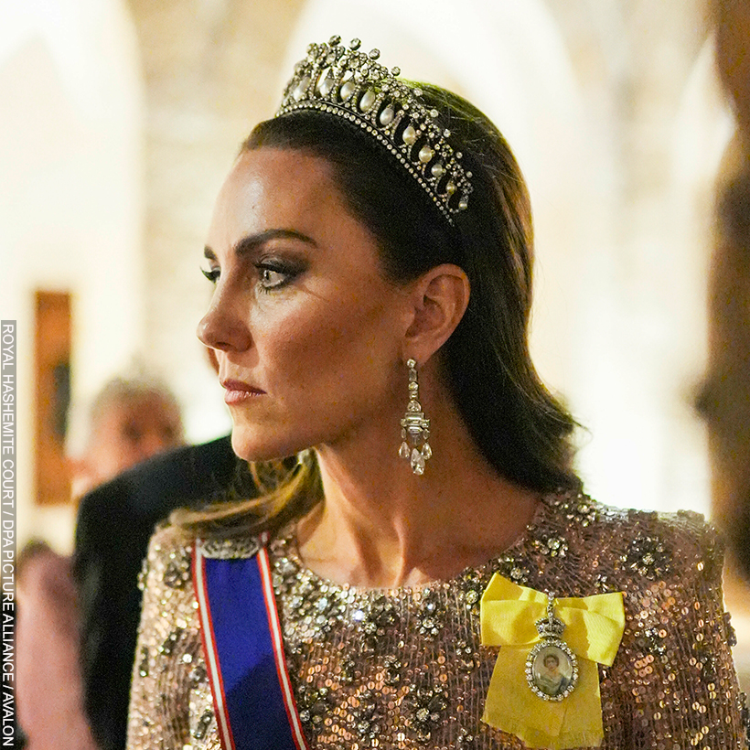Kate Middleton wearing the Queen Mary Lover's Knot Tiara at the recent Royal Wedding in Jordan