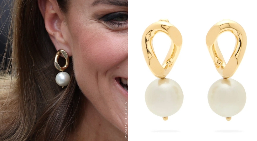 Kate Middleton wearing the pearl and gold earrings by Simone Rocha.  Side by Side with the product image from Simone Rocha.
