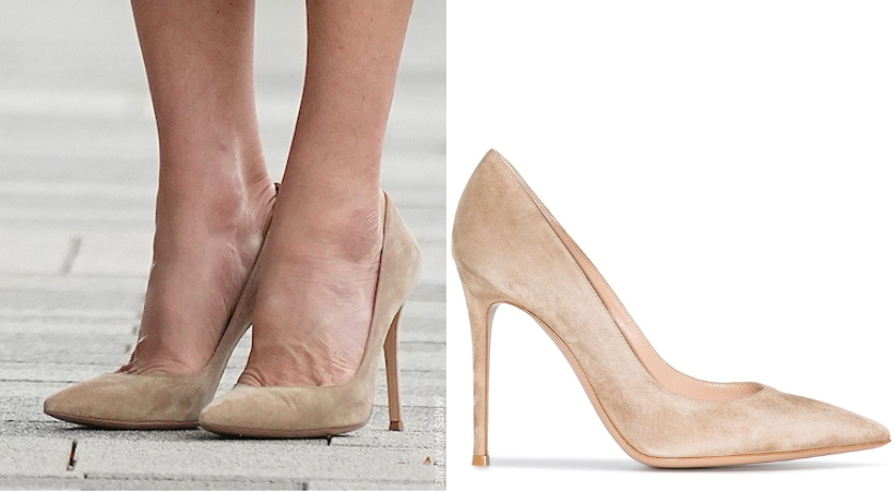 Kate Middleton wearing the biscuit coloured 105 pumps by Gianvito Rossi.  They feature a pointed toe.  Side by Side with the product image from Rossi.