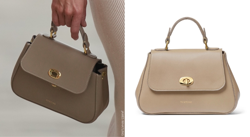 Kate Middleton holding the taupe Mini Holly bag by Tusting.  Side by side with the product image from Testing.

