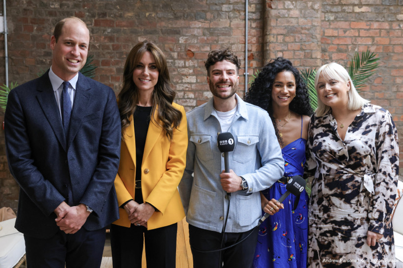 William and Kate stand with Vick Hope, Jordan North, and Katie Thistleton.