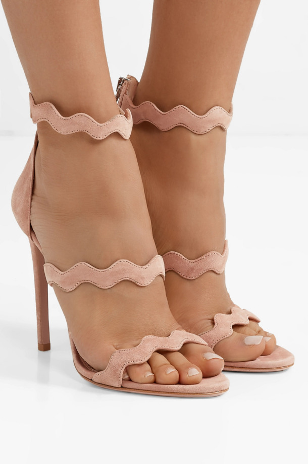 scalloped suede sandals