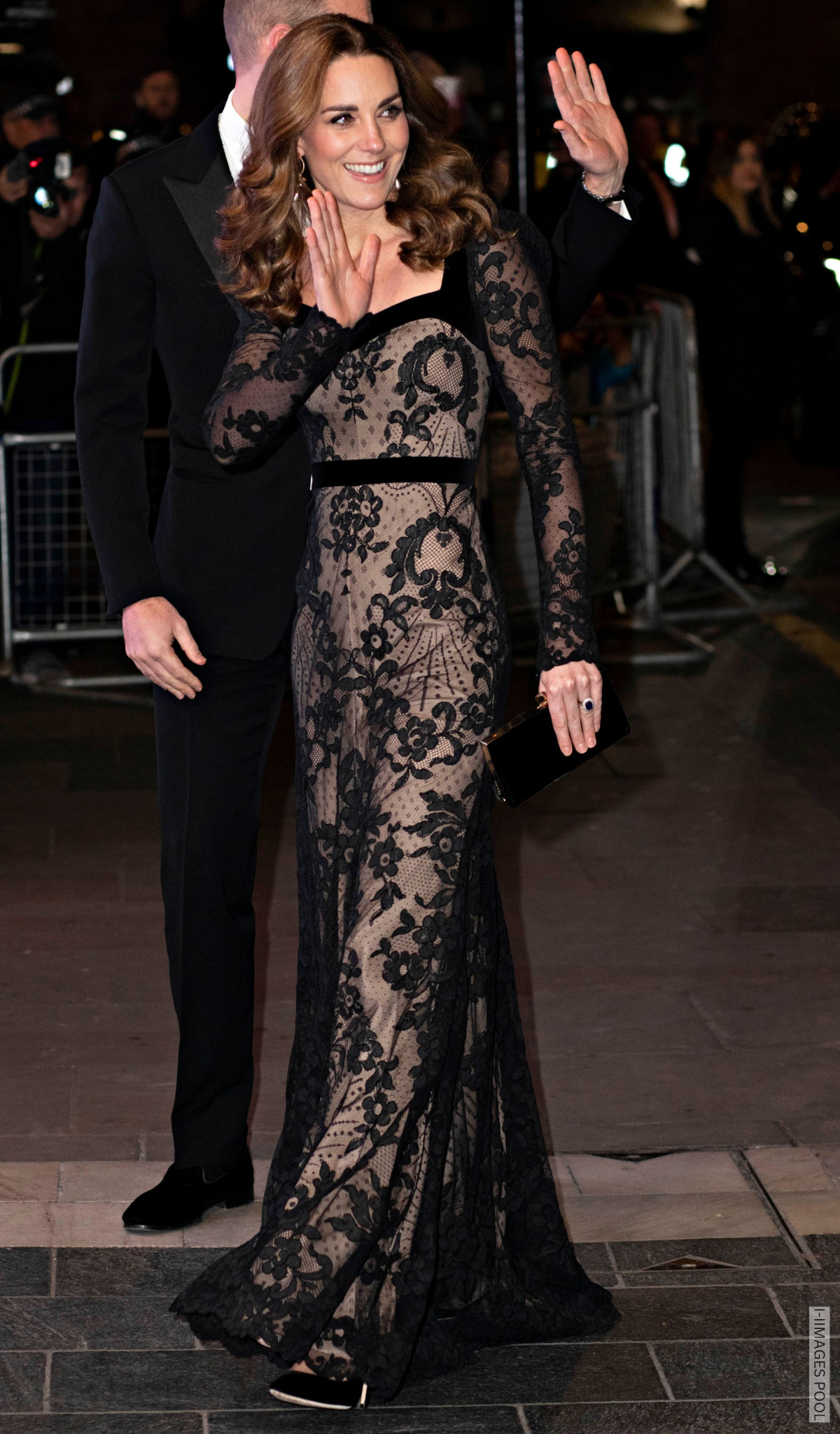 Kate Middleton wearing a black floral lace gown to the Royal Variety Performance in 2019