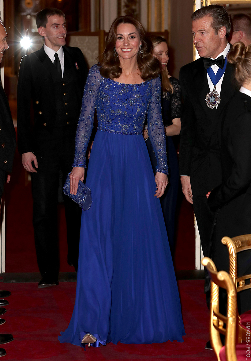 Kate Middleton in a stunning blue gown, with a beaded top 