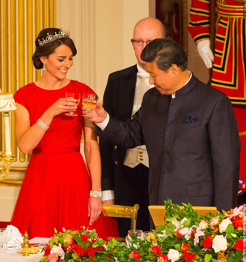The then-Duchess of Cambridge toasts with the Chinese President.  The Duchess wears the Lotus Flower Tiara and a red lace gown. 