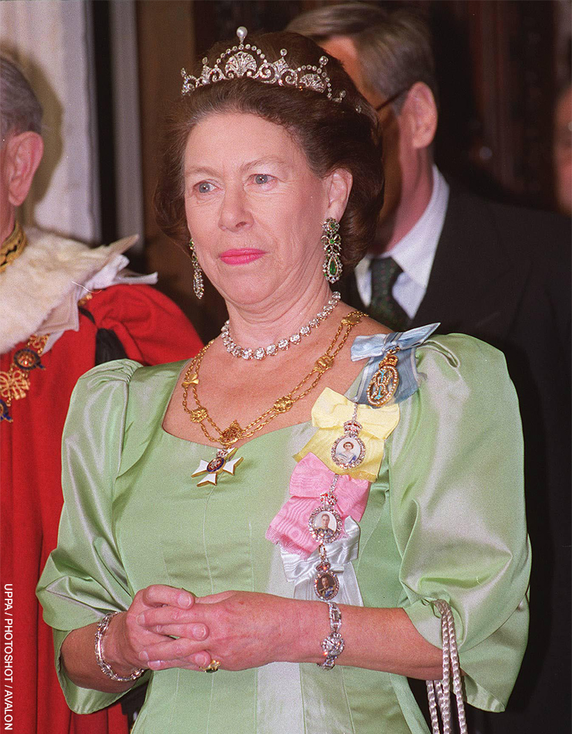 Princes Margaret pairs the tiara with a green dress and jewels for the State Opening of Parliament. 