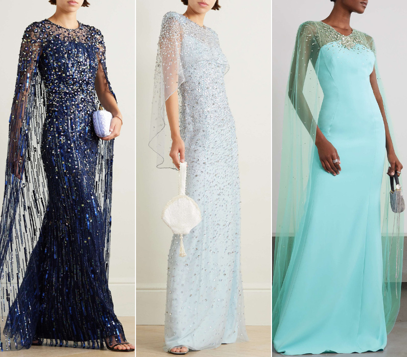 A selection of Jenny Packham gowns featuring sequinned embellishments and caped designs in blue, silver, and mint, potential styles for royal evening wear.