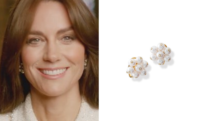 The Princess of wales wears pearl stud earrings, next to a stock photo of the same earrings.