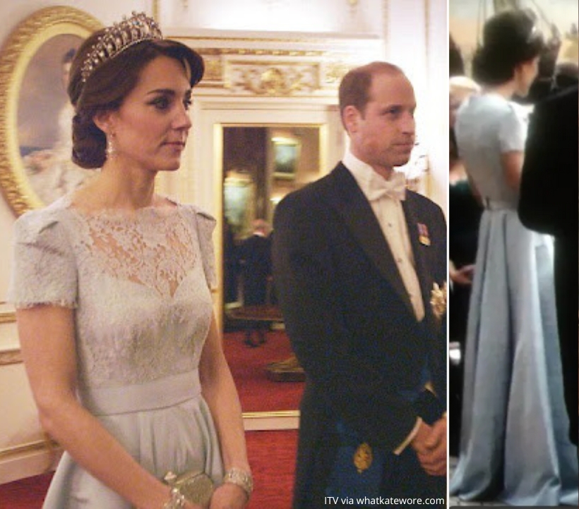 Princess Kate in a powder blue lace gown by Alexander McQueen at the Diplomatic Reception, with the Lover's Knot Tiara.