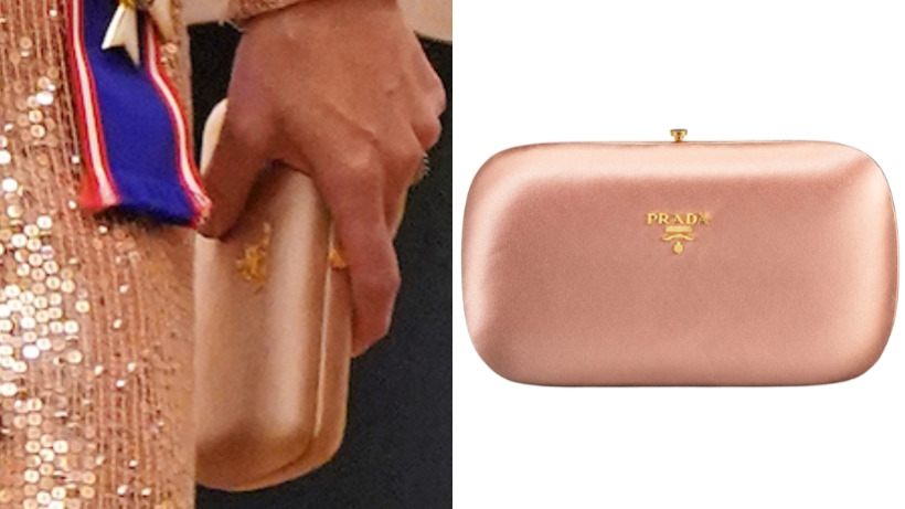 The Princess of Wales carrying the 'Raso Minaudiere' soft pink clutch by Prada next to an isolated product shot showing the clutch. 