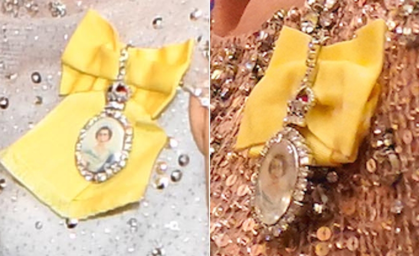 Comparison of Kate Middleton’s yellow ribbon length at different receptions, showing a shorter ribbon in the current event