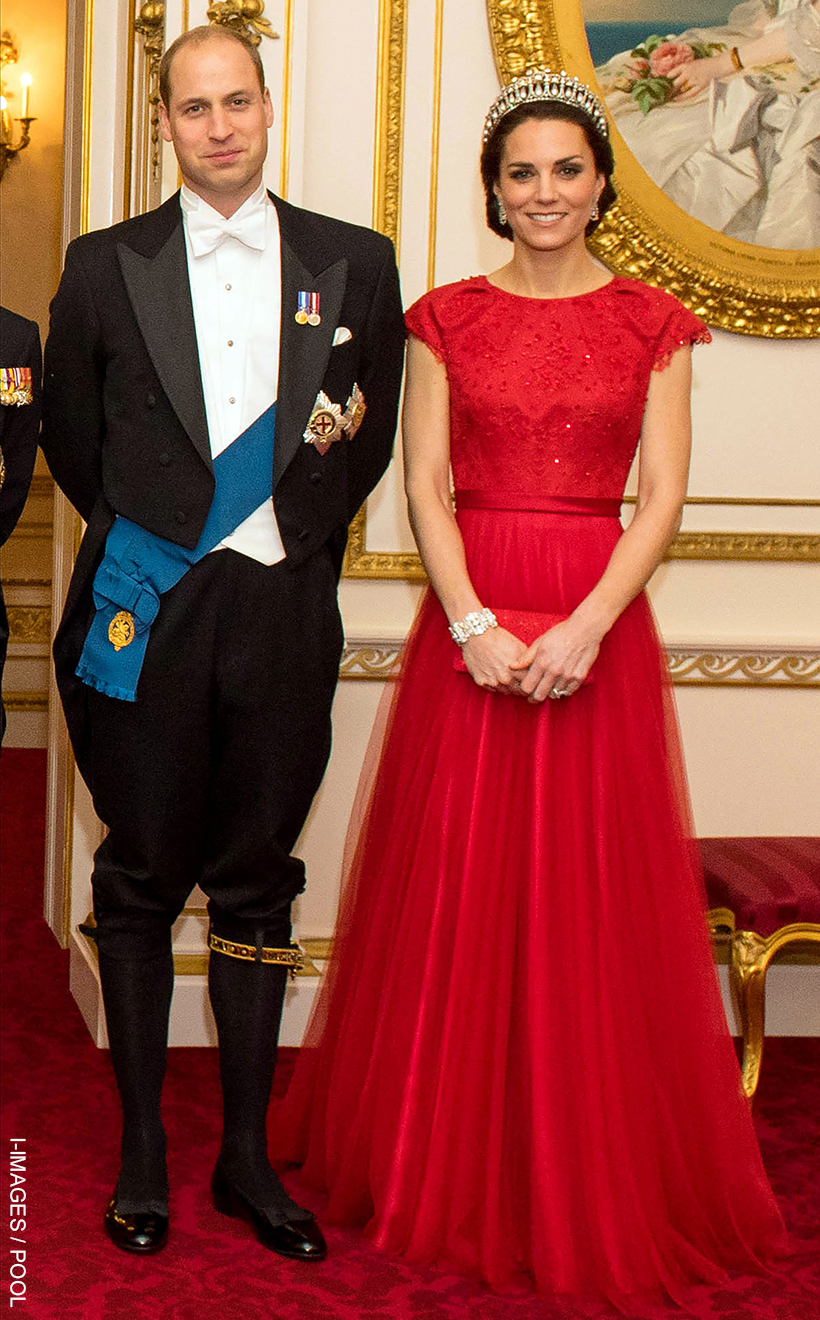 Princess Kate at the Diplomatic Reception, wearing a red beaded gown by Jenny Packham with the Lover's Knot Tiara and Queen's Wedding Gift Bracelet