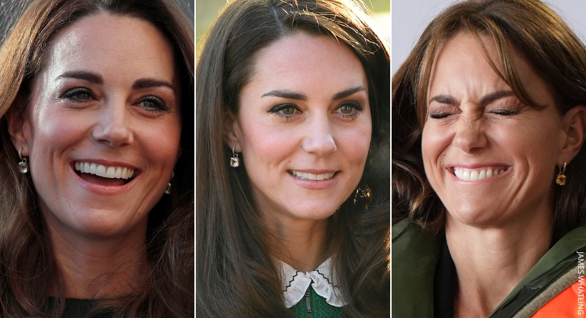 Three images of Kate Middleton wearing three different pairs of Kiki McDonough Cushion Drop earrings.