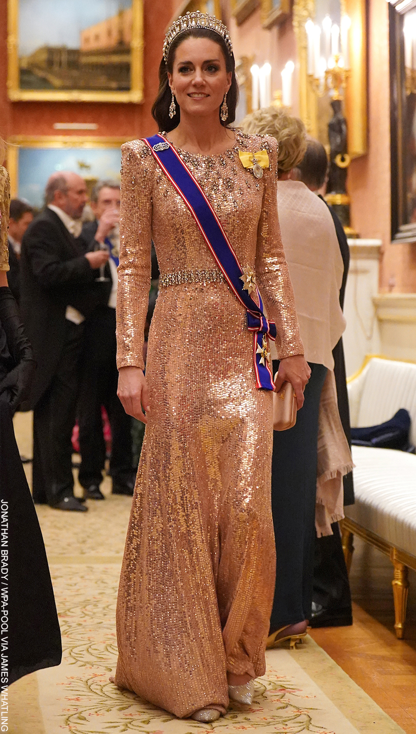 Kate Middleton at the 2023 Diplomatic Reception wearing the pink sequin Jenny Packham Georgia Gown, with an array of glittering royal jewels.