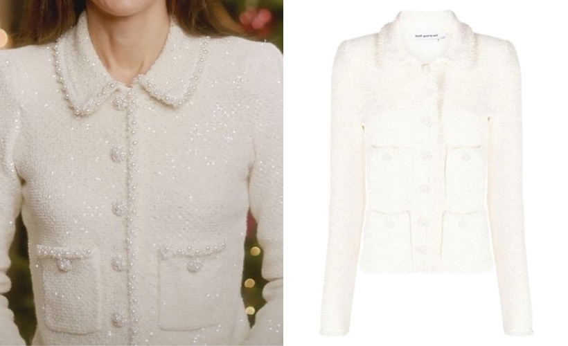 A close up of the Princess of Wales wearing a white tweed jacket, next to a product shot of the same jacket on Self-Portrait's website. 