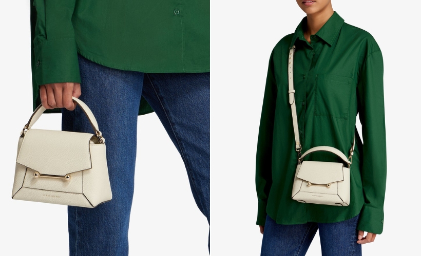Model demonstrating two different ways of using the handbag, either crossbody or in the hand. 