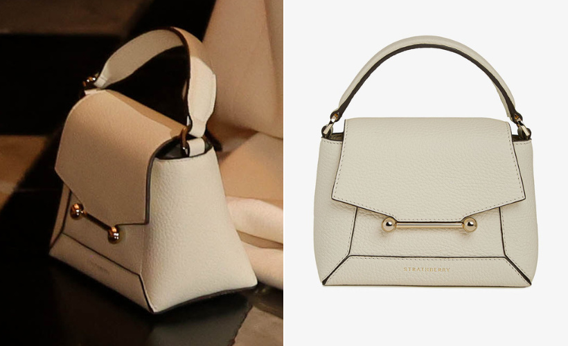 Composite showing the cream Strathberry bag by Kate's feet, and a stock image of the same bag on the brand's website.  Image illustrates the bag Kate carries if from Strathberry. 