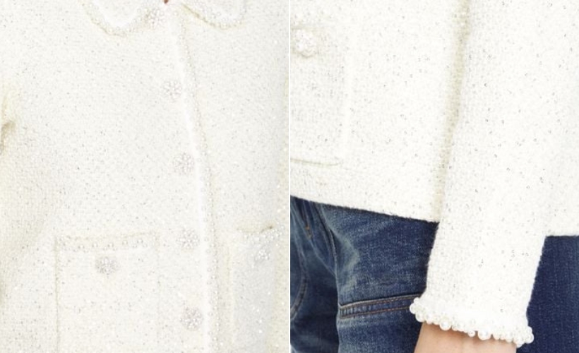 Close up shots of the white jacket, including pearl details on the sleeve. 