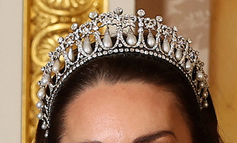 Close-up of Kate Middleton wearing the Queen Mary Lover’s Knot Tiara.