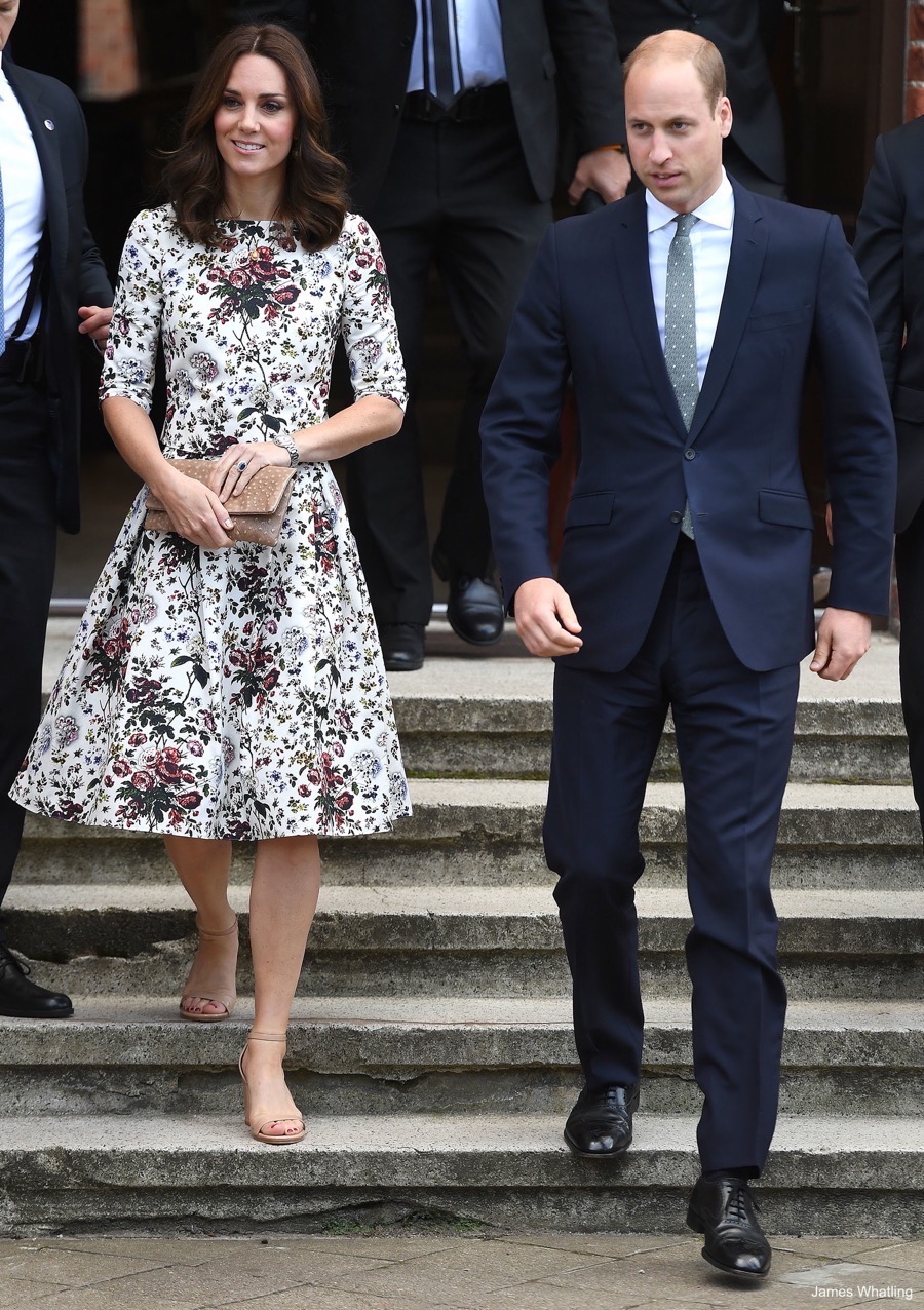 William and Kate in Gdansk. The Princess wears floral separates by Erdem and nude sandals. 
