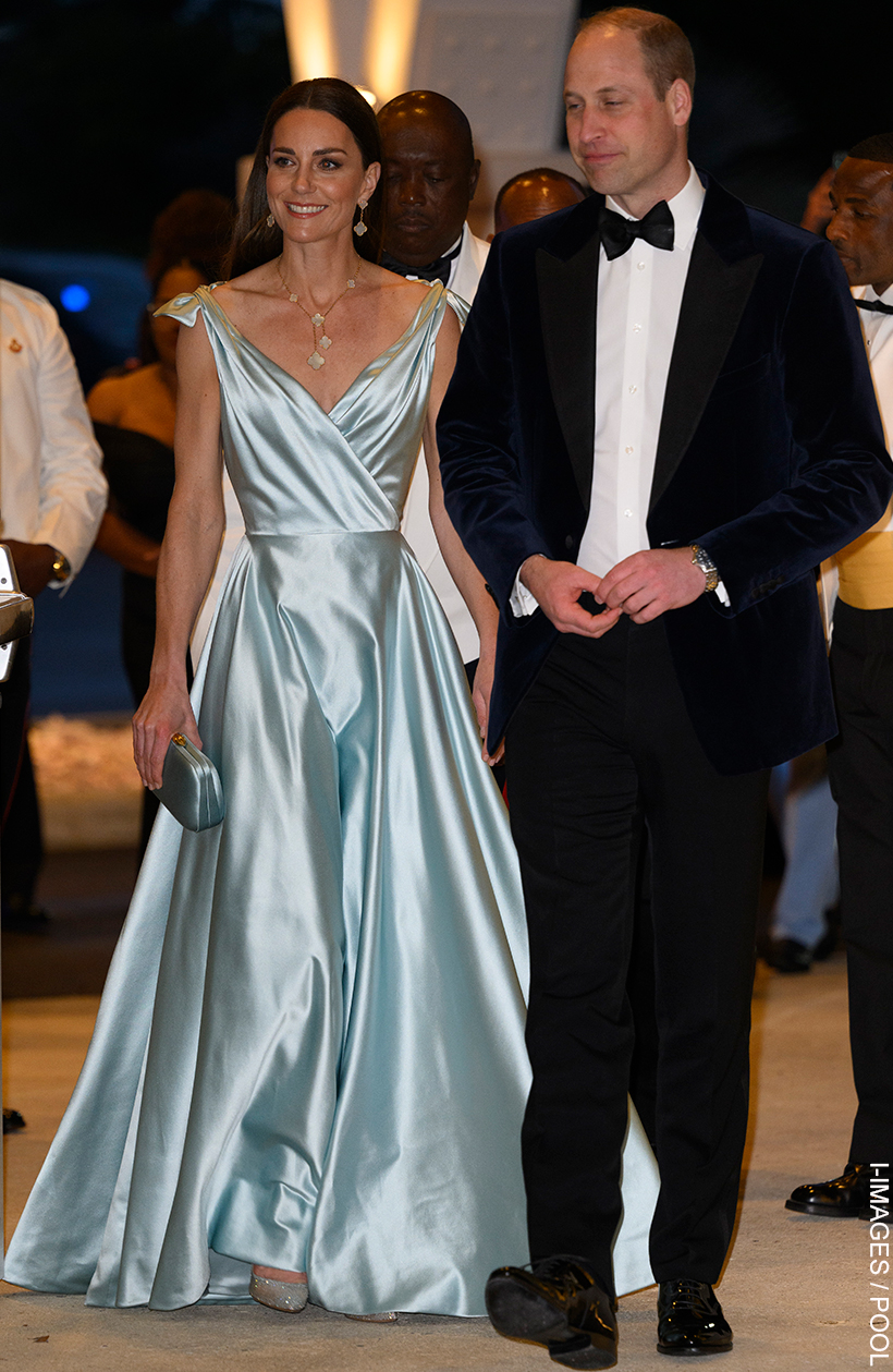 Kate Middleton tanned, in an ice blue silky gown