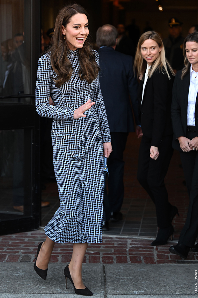 Elegant Kate wears a houndstooth printed dress in Boston
