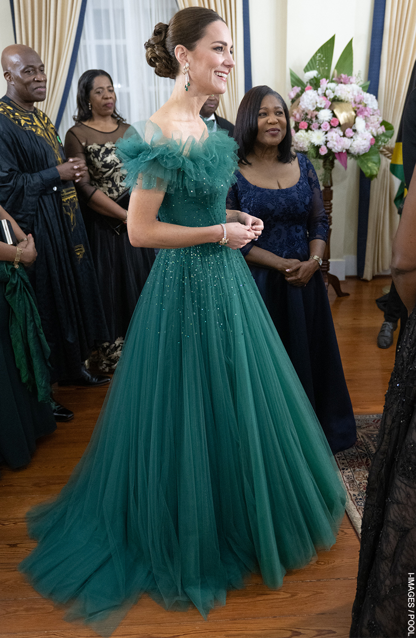 The Princess of Wales looks picture perfect in a green tulle gown with a full skirt, and her hair up