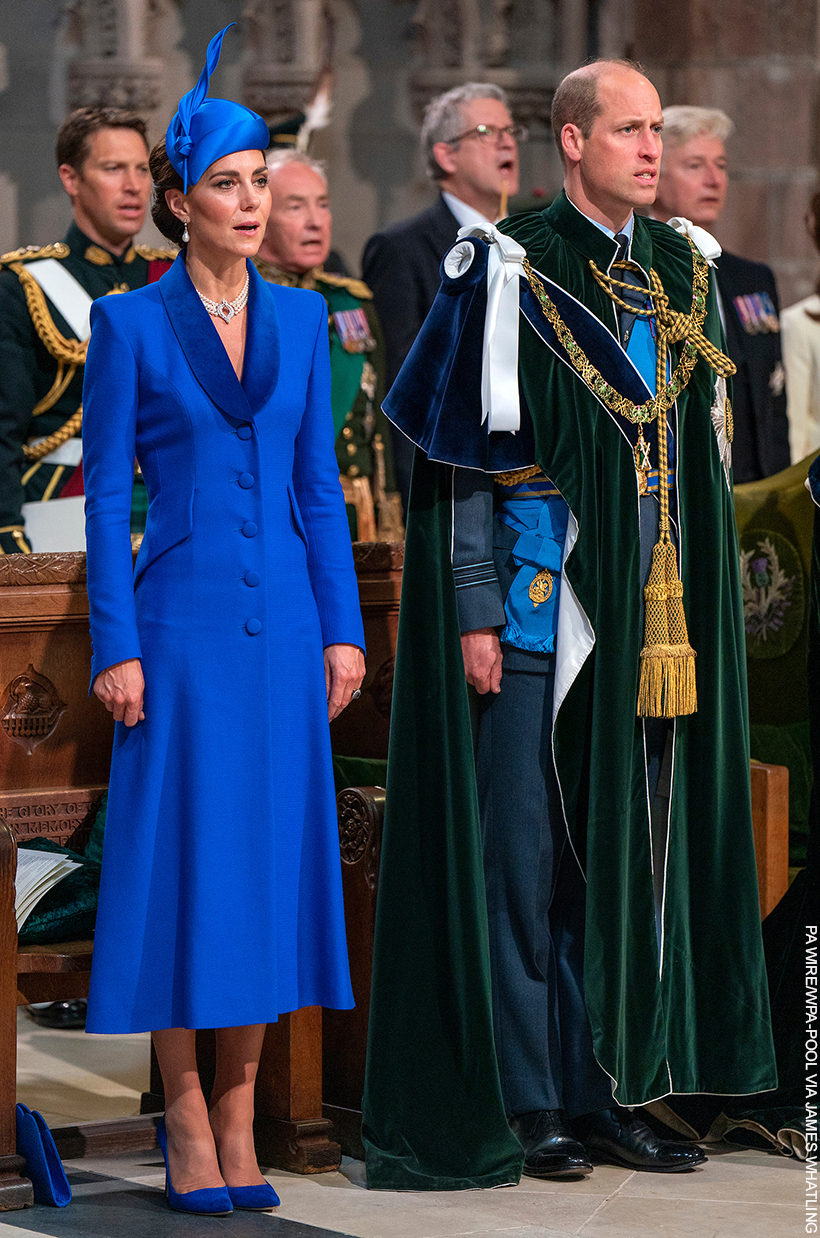 William and Kate at a church service. Kate looks regal in the vivid blue hue 